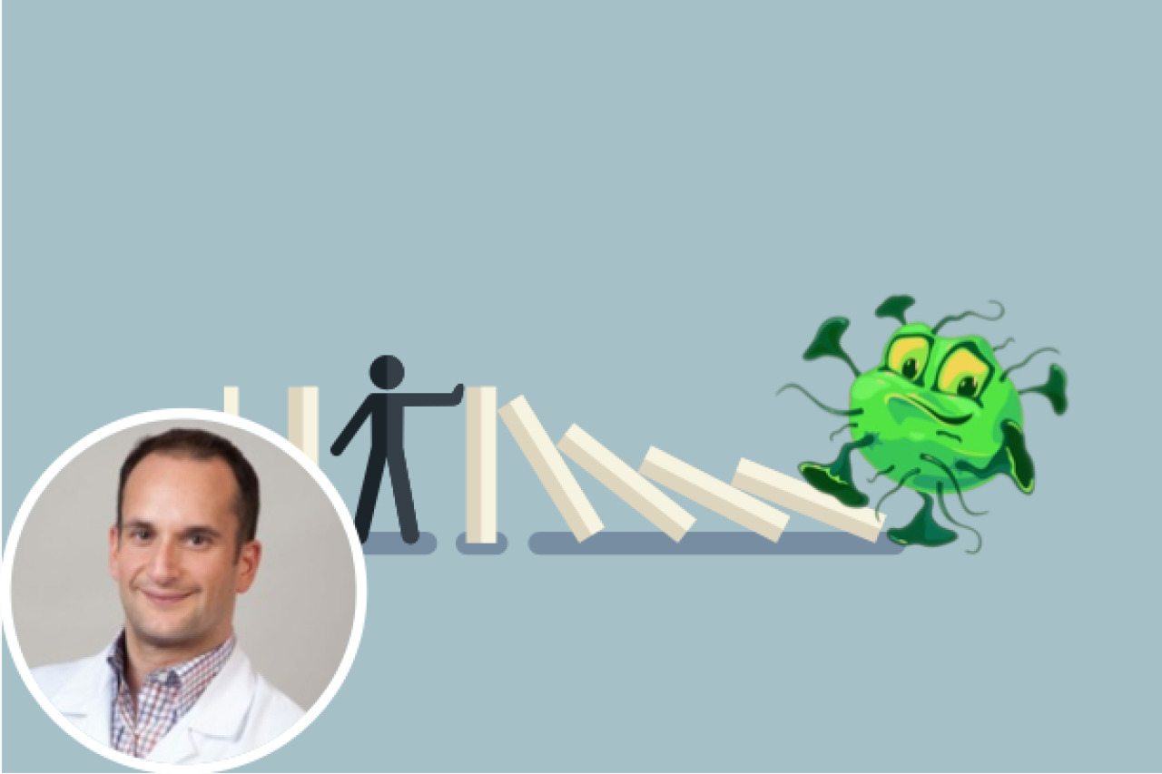 a cartoon virus kicking over a row of dominos with a stick figure stopping the dominos from falling over and a photo of the principal investigator for the study, Dr. Raphael Landovitz